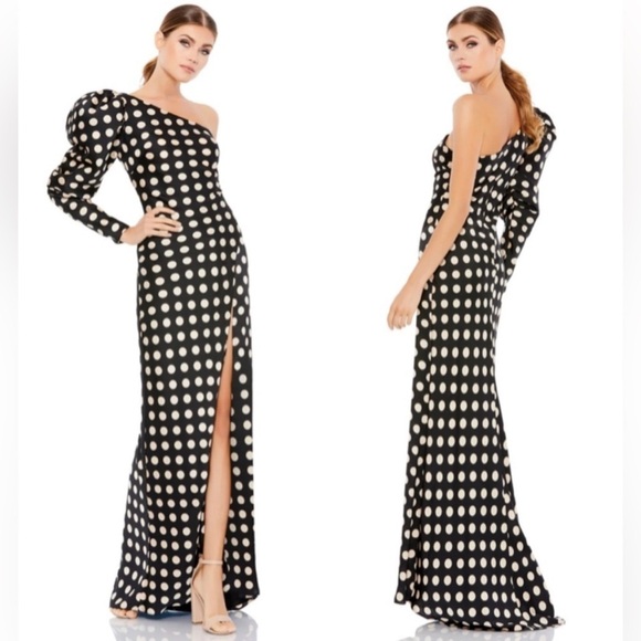 Mac Duggal One Sleeve Polka Dot Sheath Gown - Picture 1 of 6